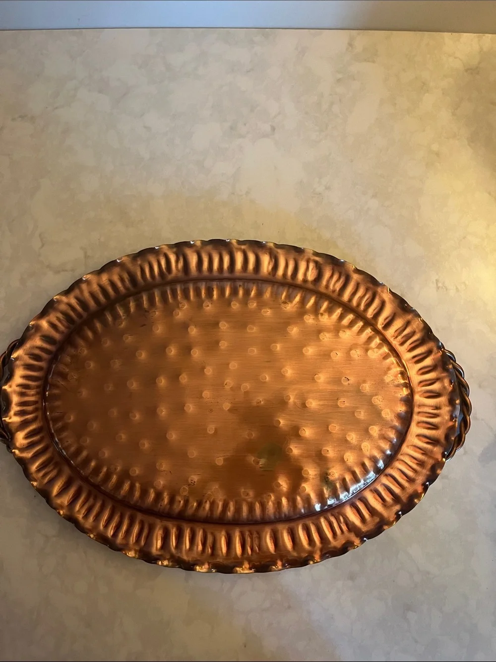 Vintage Gregorian Copper Tray platter with copper roses twisted handles #907